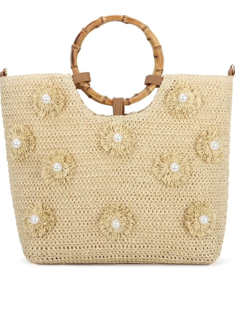 Straw Pearl Floral Tote Bag with Bamboo Handles - Natural